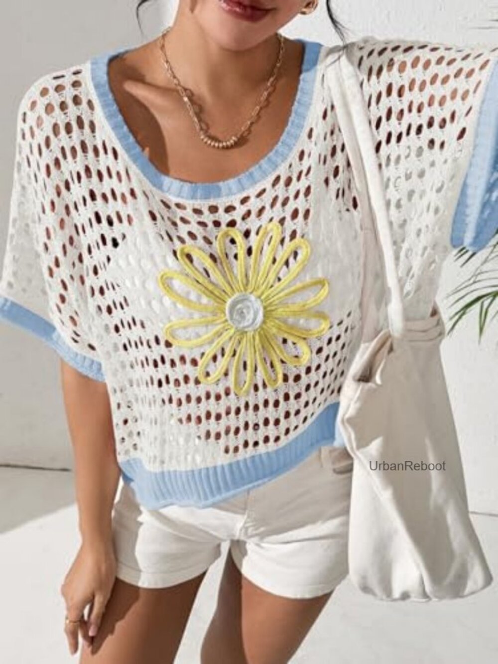 Boho Crochet Crop Sweater Beach Knit Cover Up Short Sleeve Pullover - Picture 5 of 7